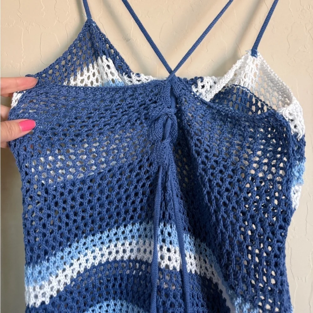 Crochet swim cover blue white striped nautical coastal beach Medium Women’s - Picture 6 of 10